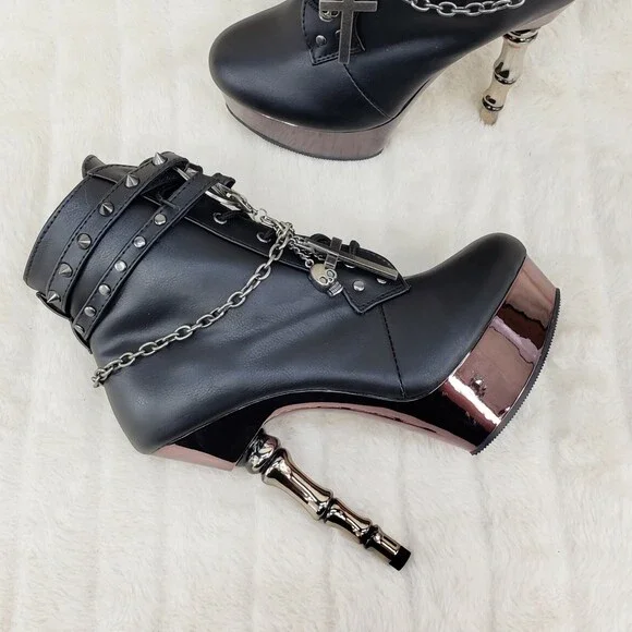 NIB MUERTO 1001 Finger Bone Heel Platform Biker Ankle Boots Charm Chain - Picture 8 of 12